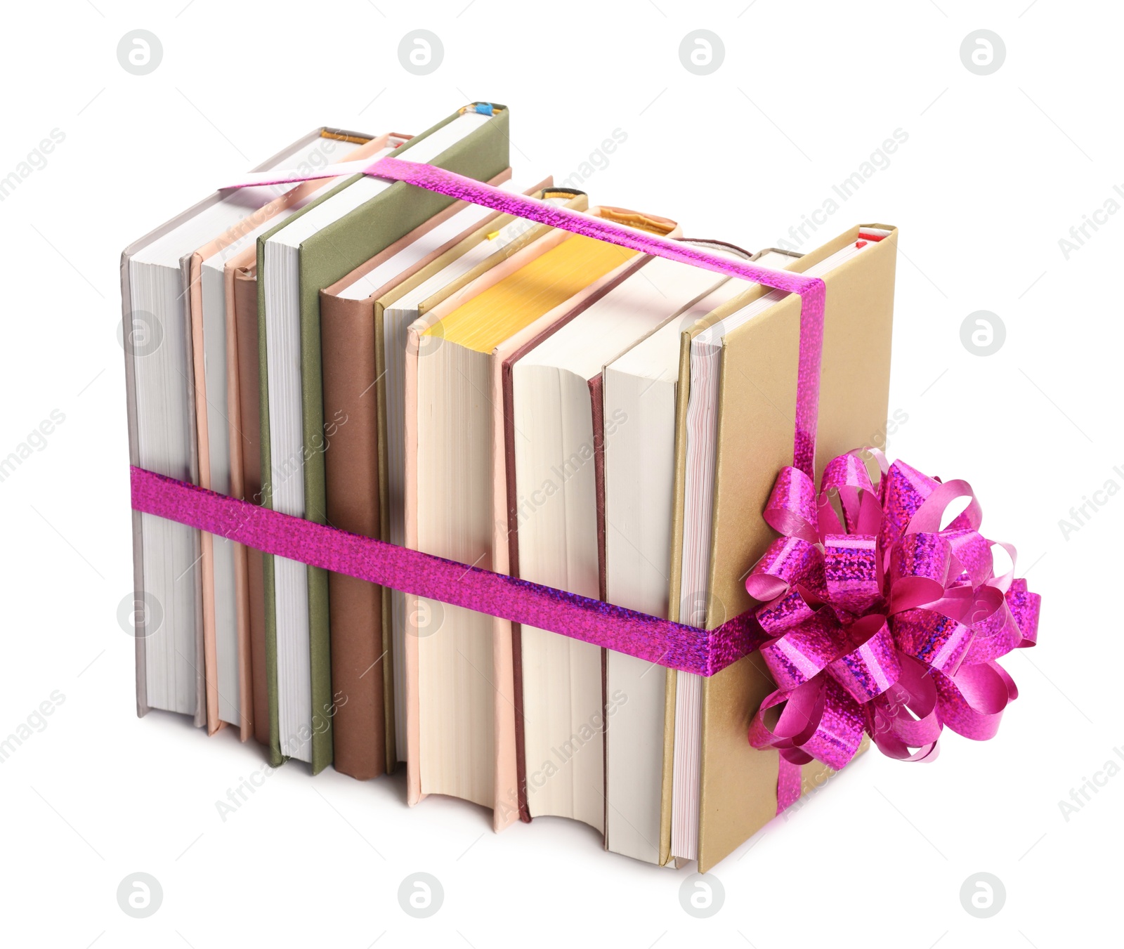 Photo of Books with purple bow as gift isolated on white