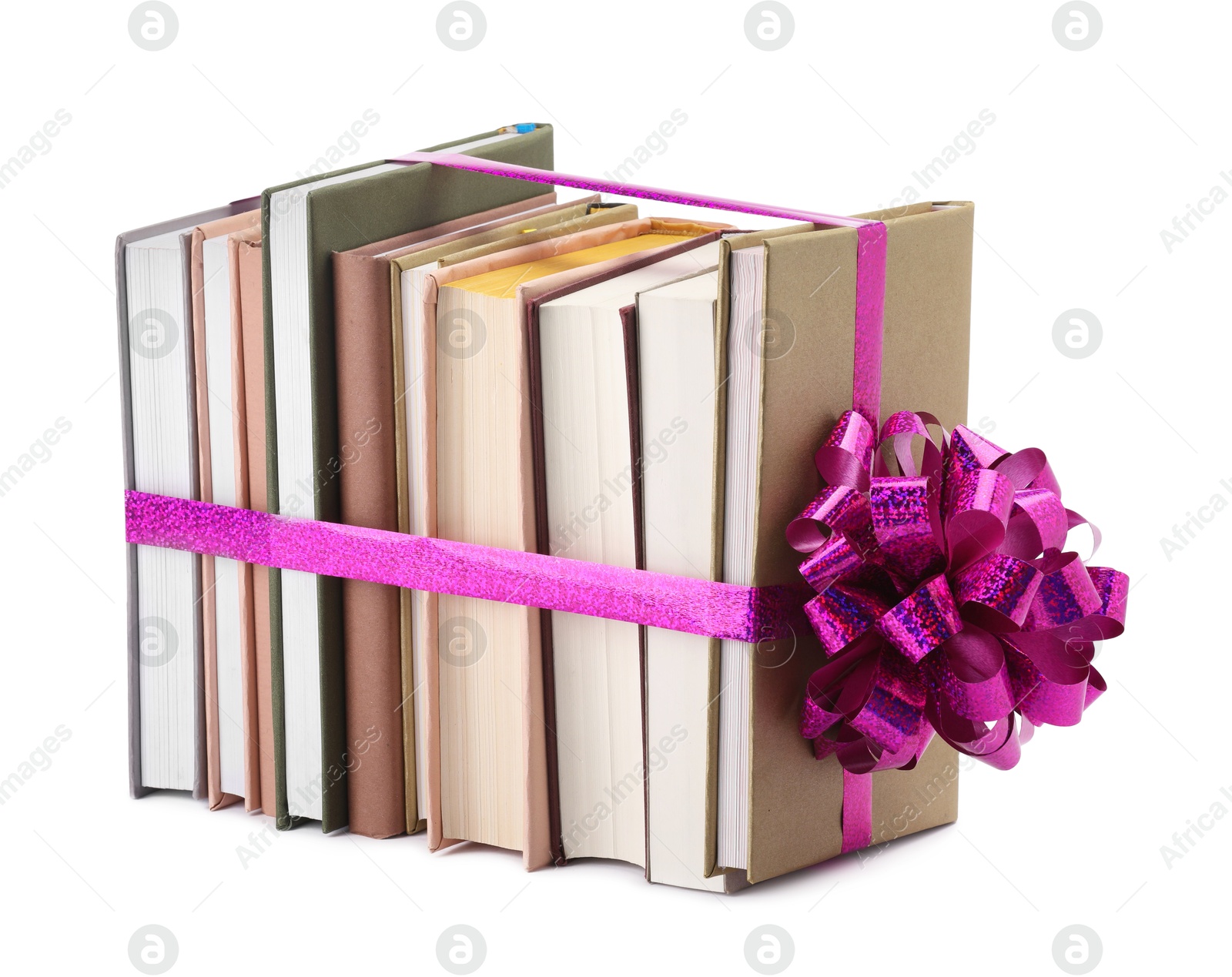 Photo of Books with purple bow as gift isolated on white