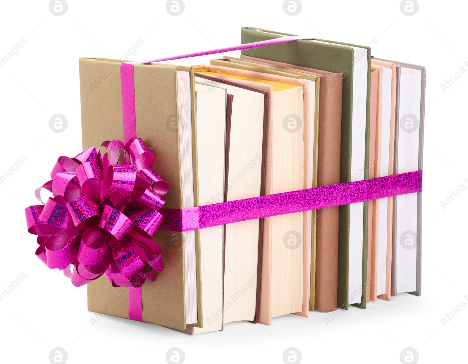 Photo of Books with purple bow as gift isolated on white