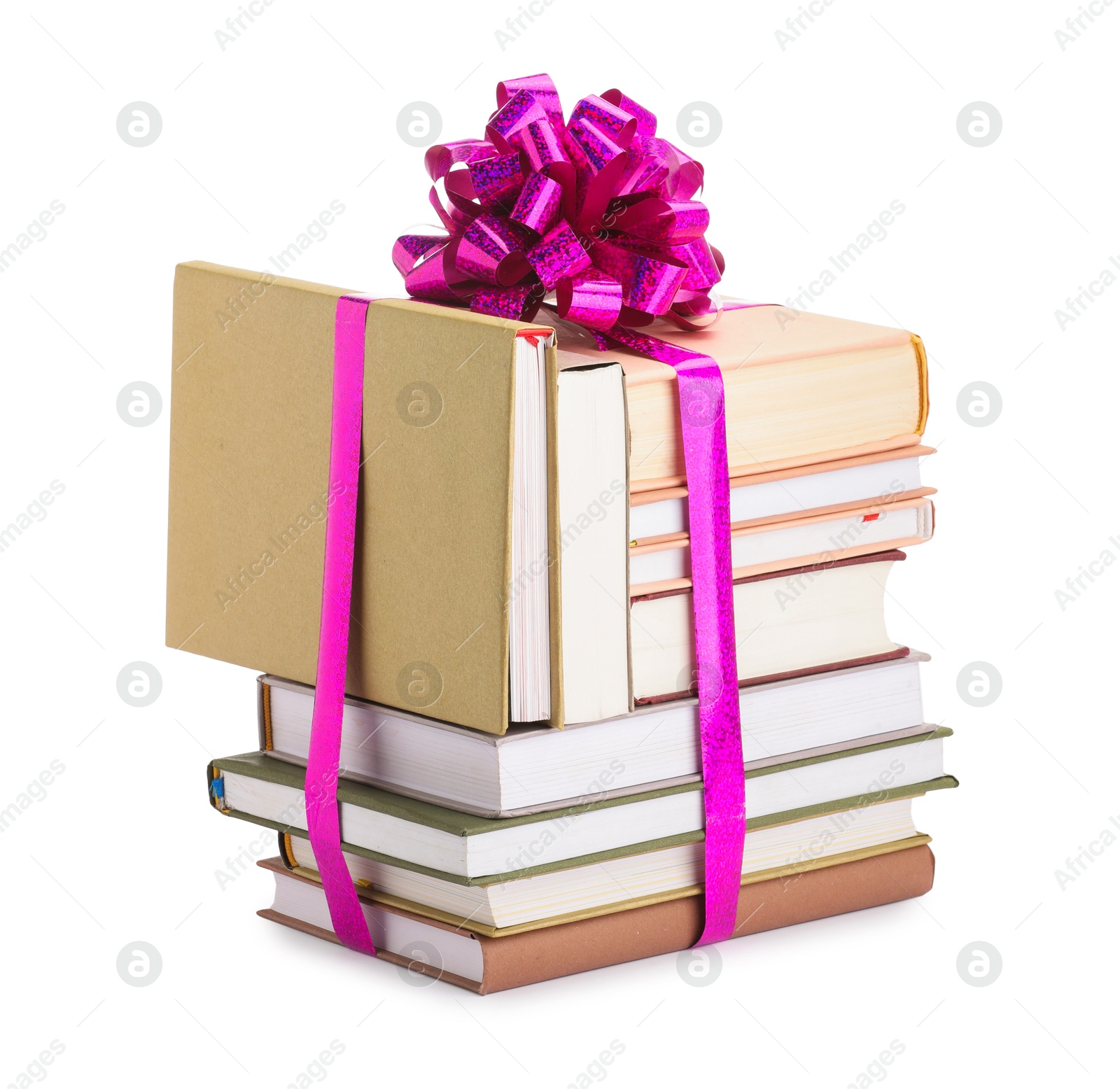 Photo of Stack of books with purple bow as gift isolated on white