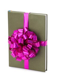 Photo of One book with purple bow as gift isolated on white