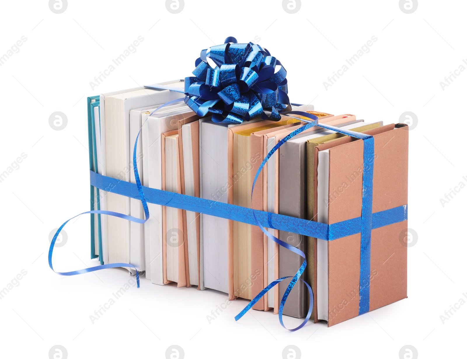 Photo of Books with blue bow as gift isolated on white