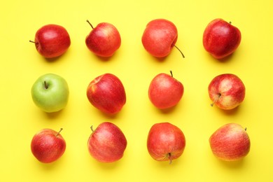 Flat lay composition with green apple surrounded by red ones on yellow background