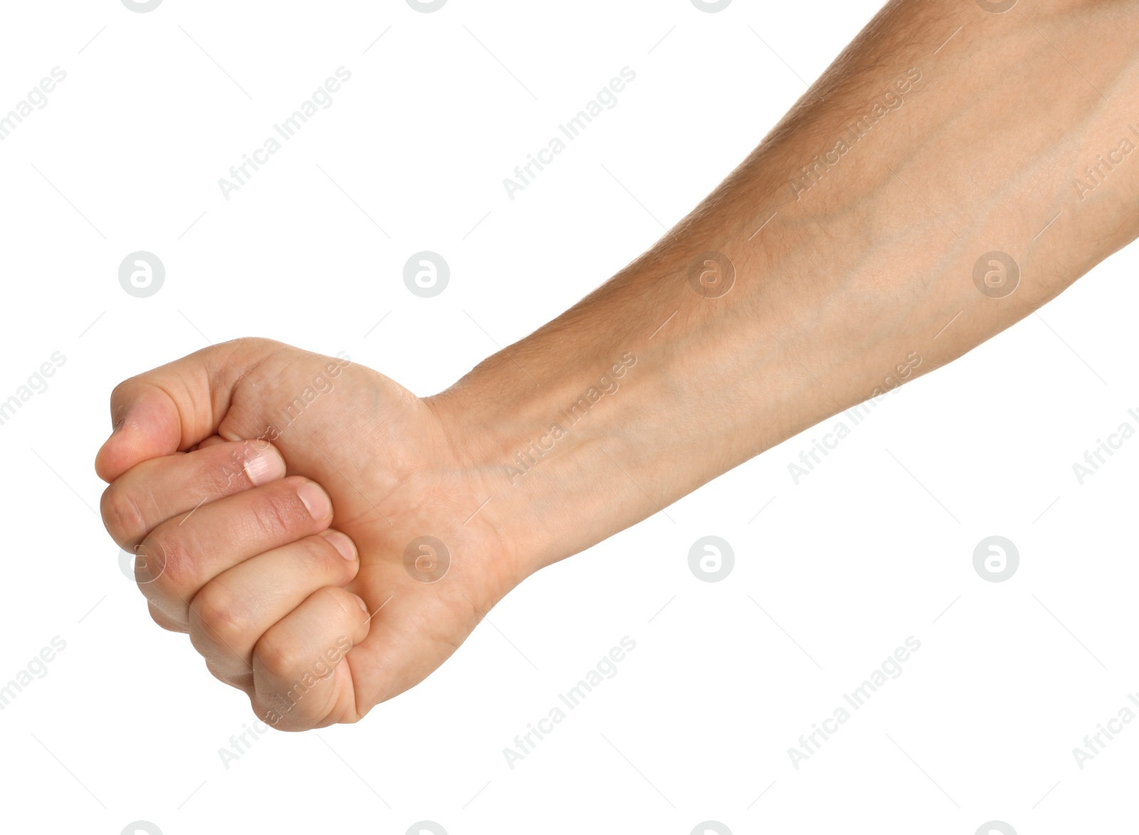 Photo of Man with bulging veins on his arm against white background, closeup