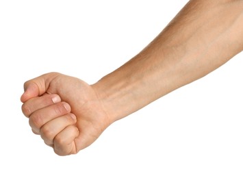 Photo of Man with bulging veins on his arm against white background, closeup