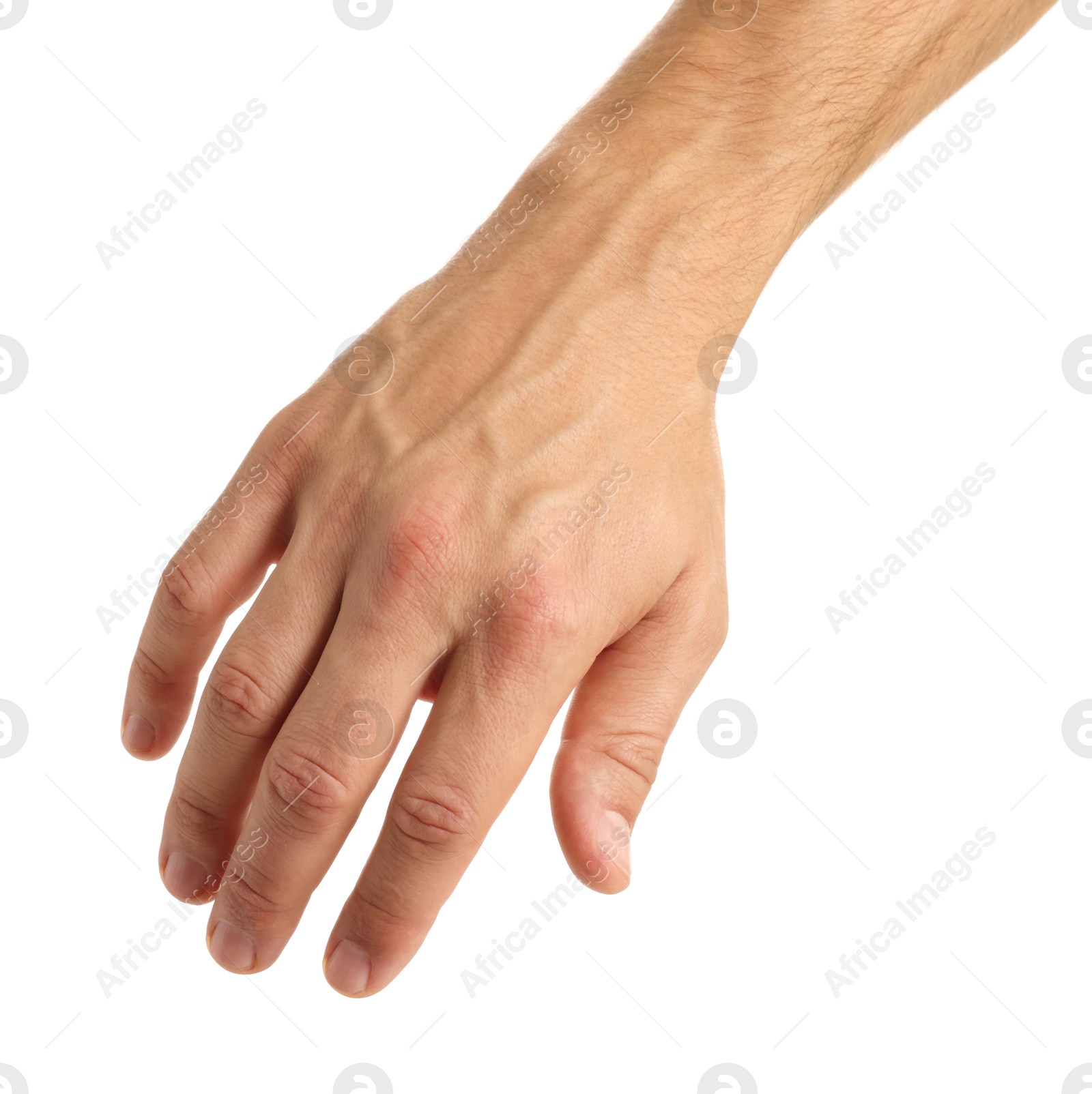 Photo of Man with bulging veins on his arm against white background, closeup