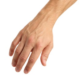 Photo of Man with bulging veins on his arm against white background, closeup