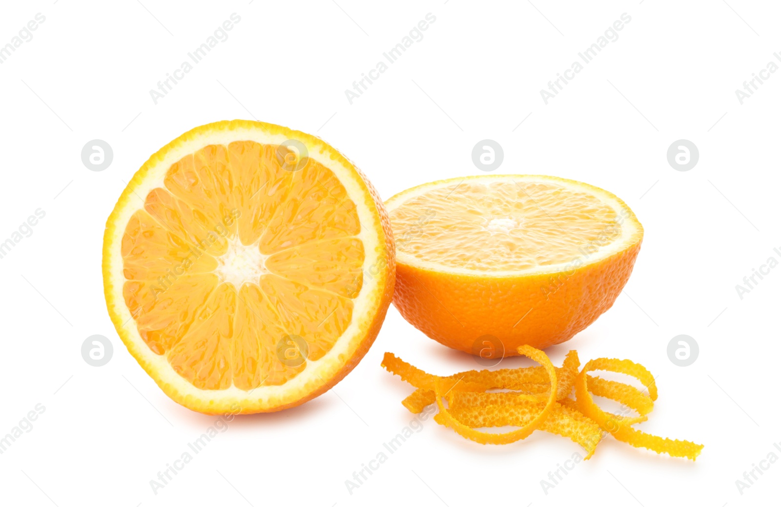 Photo of Halves of fresh orange and zest isolated on white