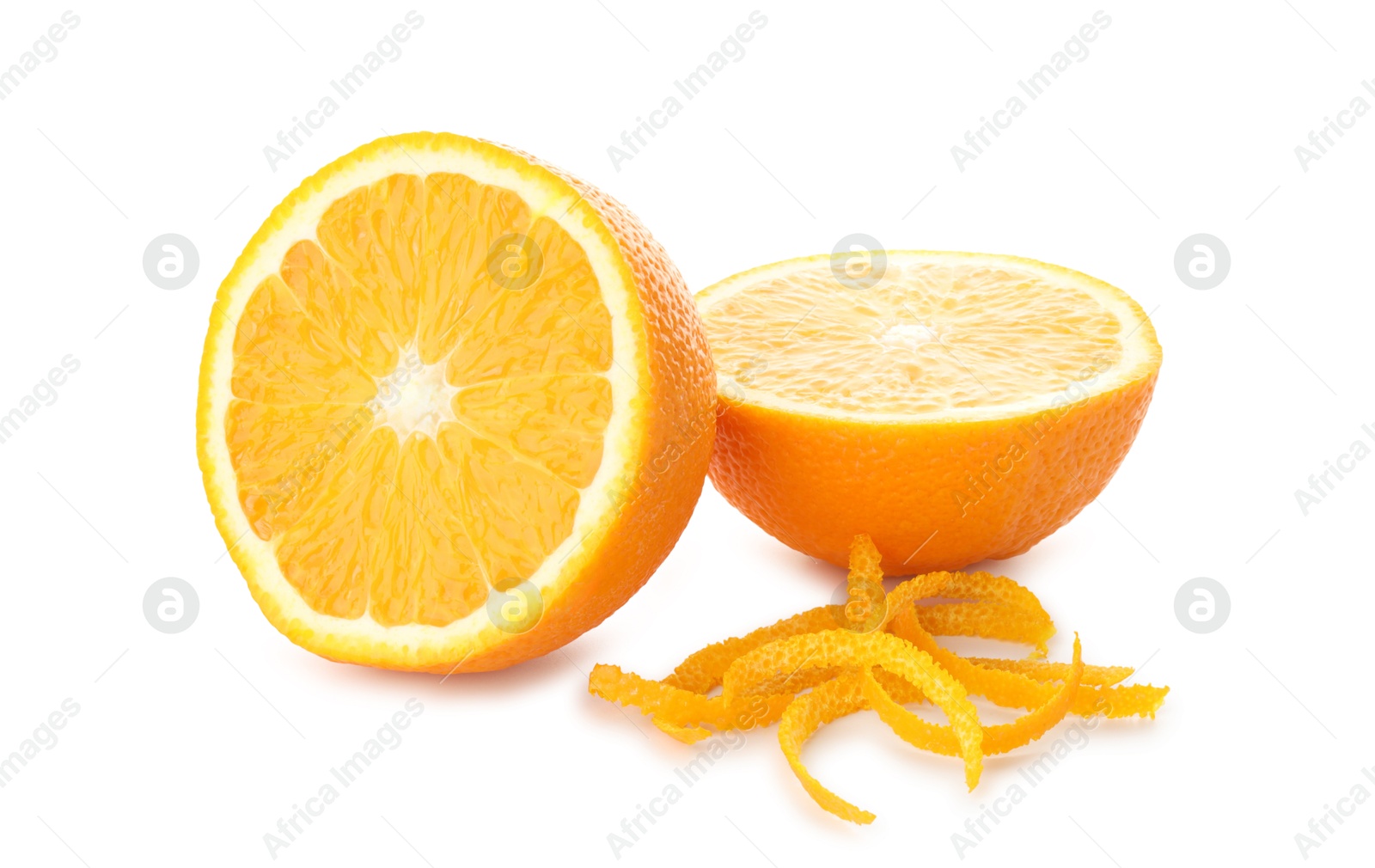 Photo of Halves of fresh orange and zest isolated on white