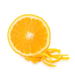 Photo of Half of fresh orange and zest isolated on white