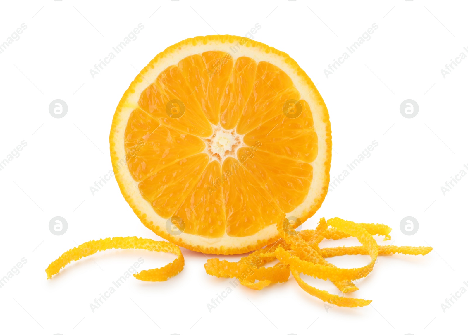 Photo of Half of fresh orange and zest isolated on white