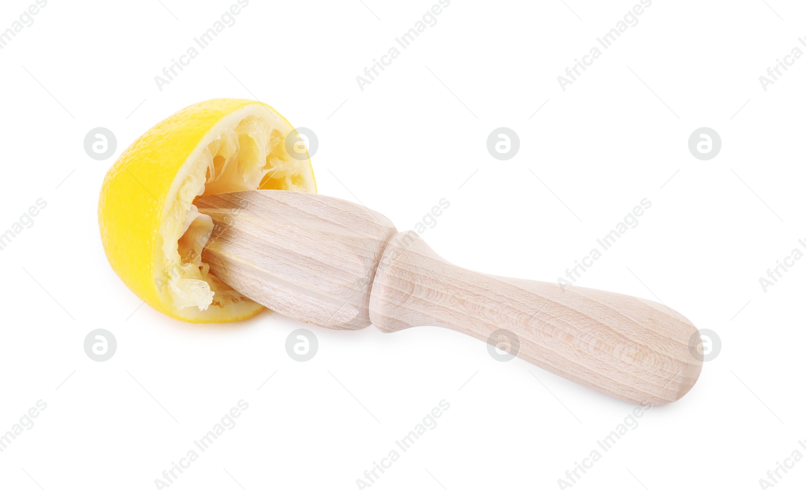 Photo of Wooden squeezer and lemon isolated on white