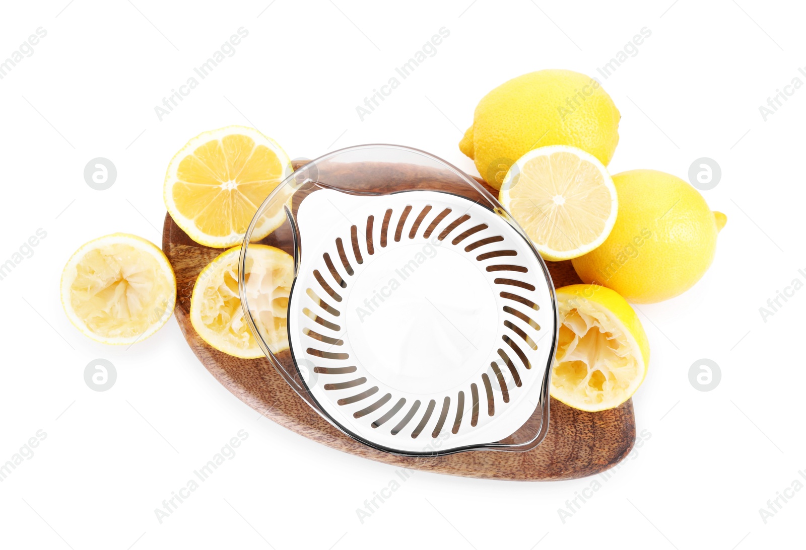 Photo of Juicer and fresh lemons isolated on white, top view