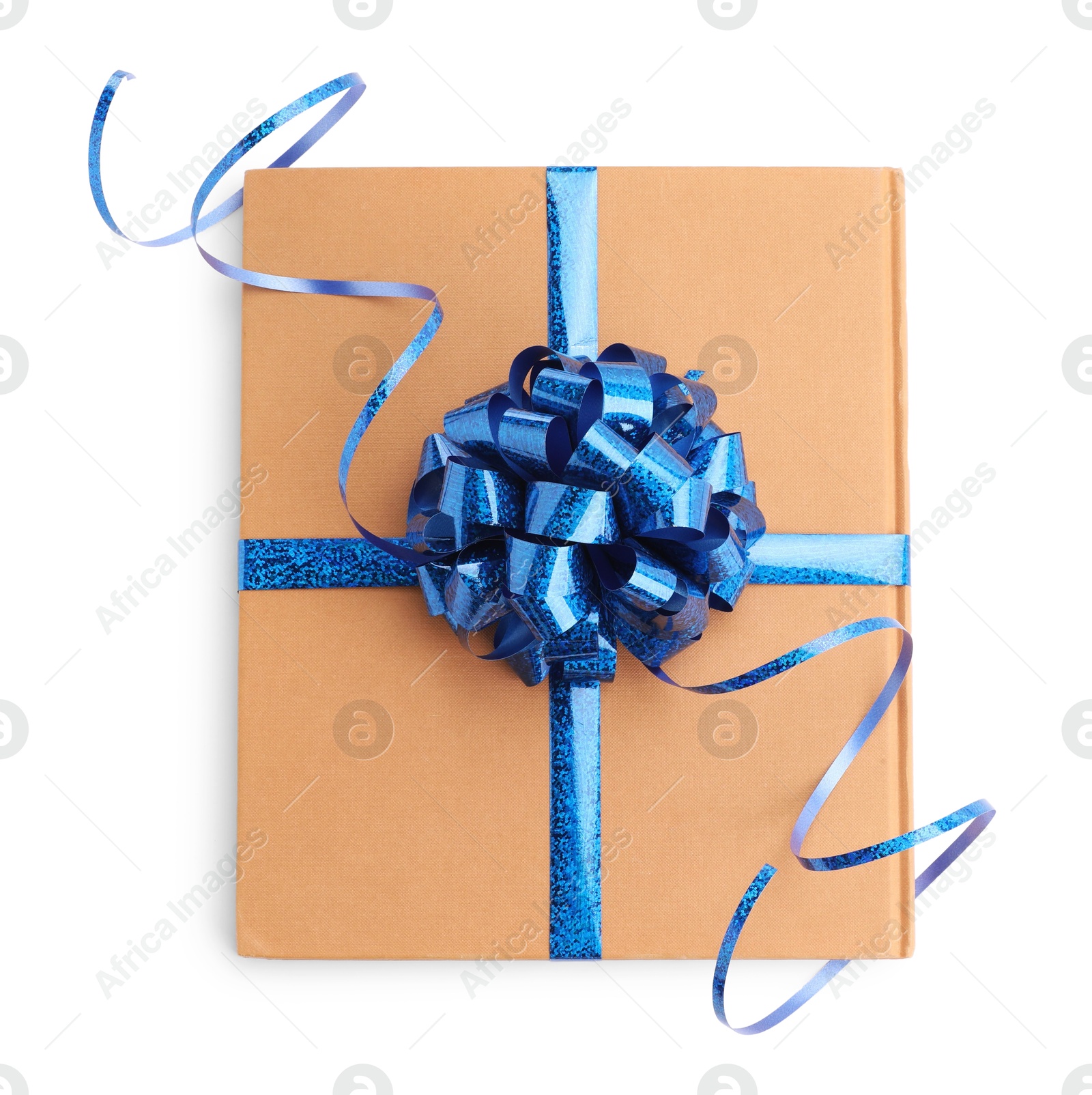 Photo of One book with blue bow as gift isolated on white, top view