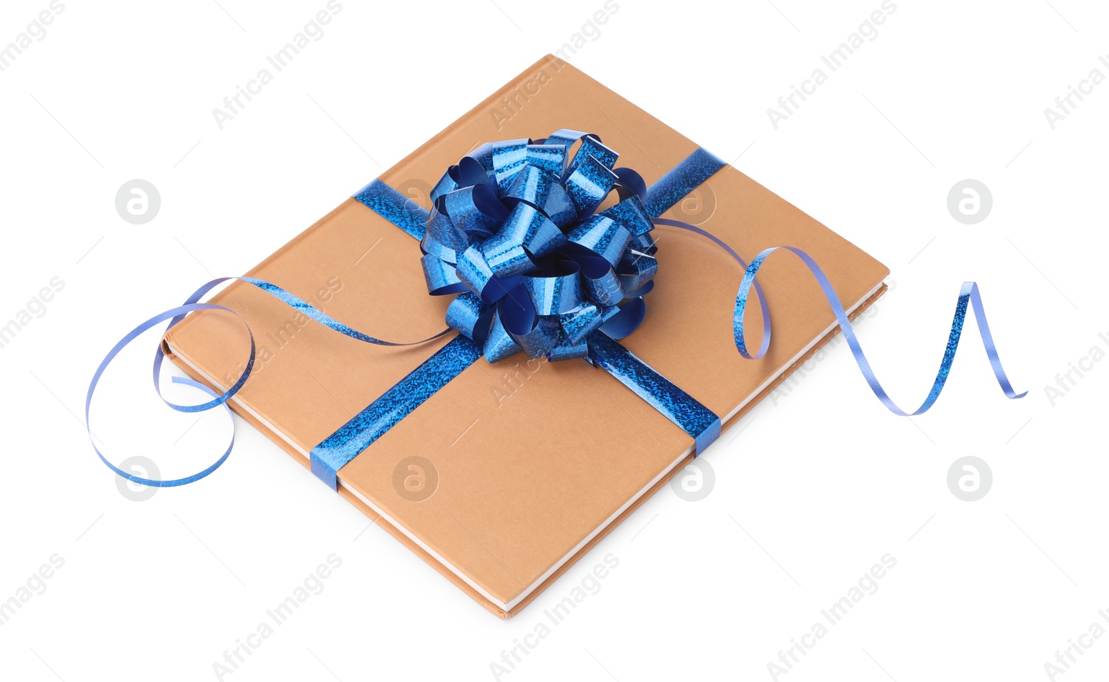 Photo of One book with blue bow as gift isolated on white