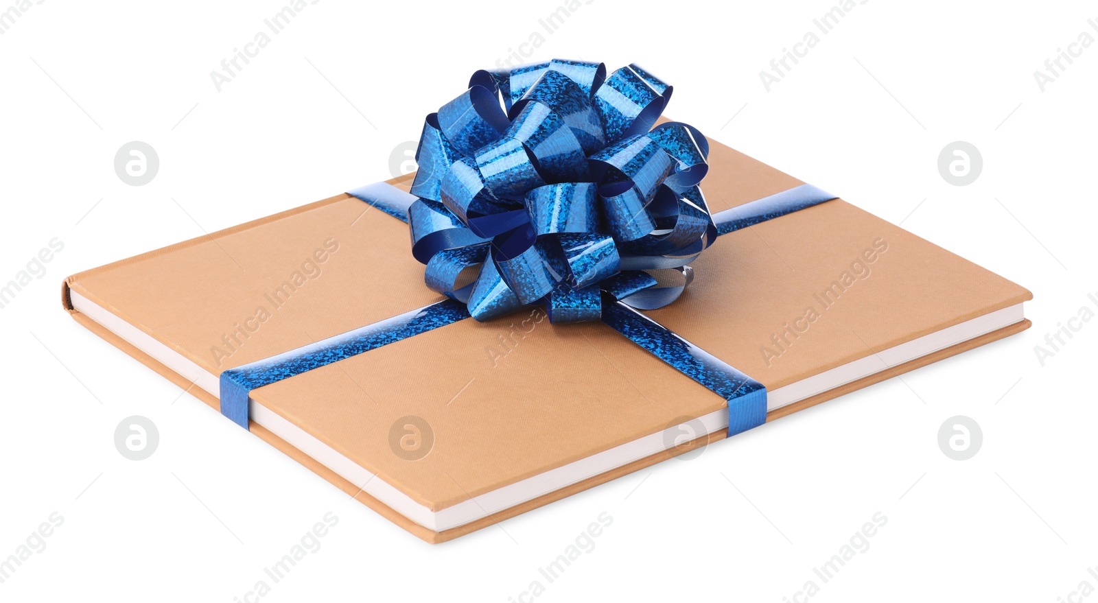 Photo of One book with blue bow as gift isolated on white