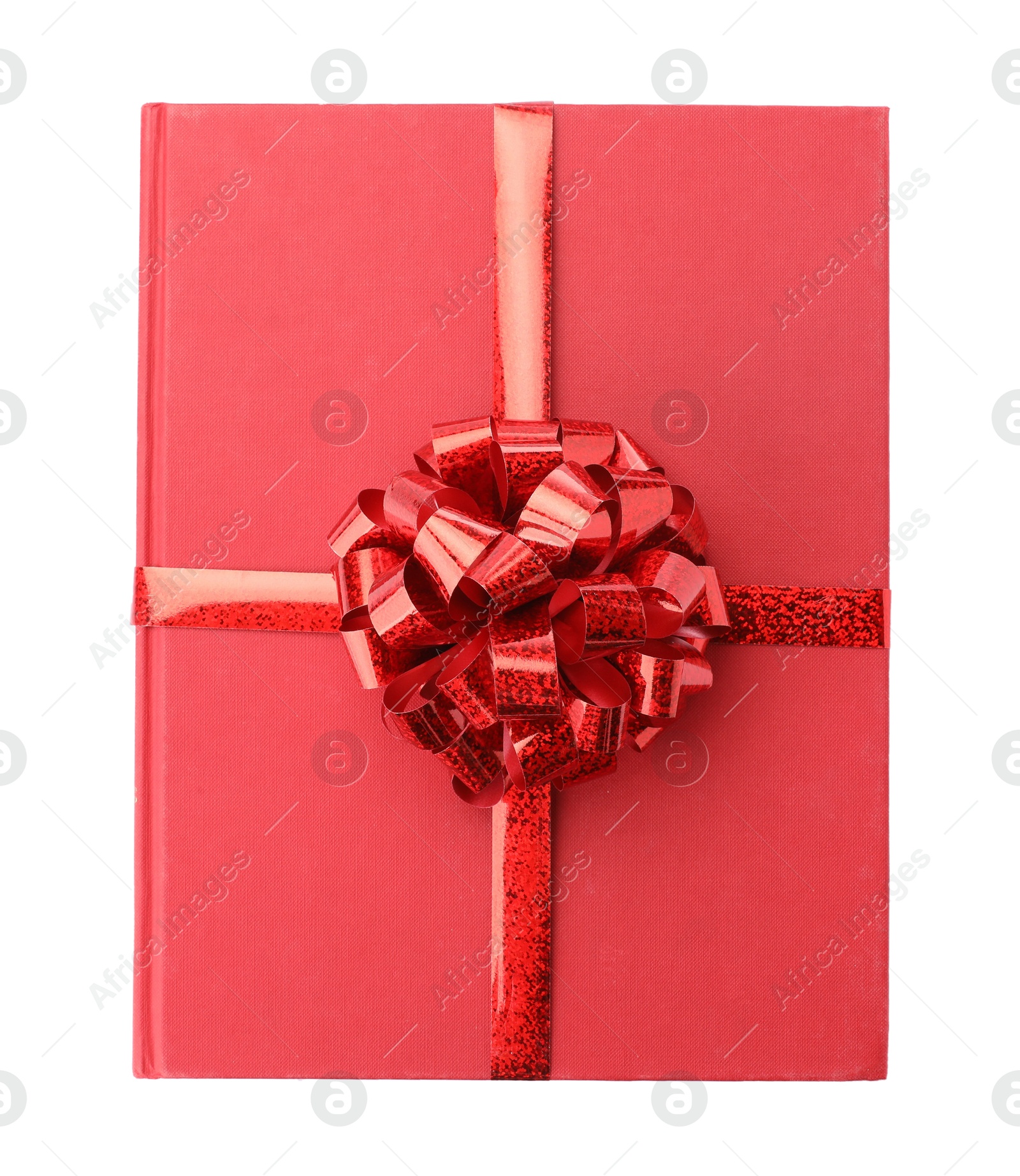 Photo of One book with red bow as gift isolated on white, top view