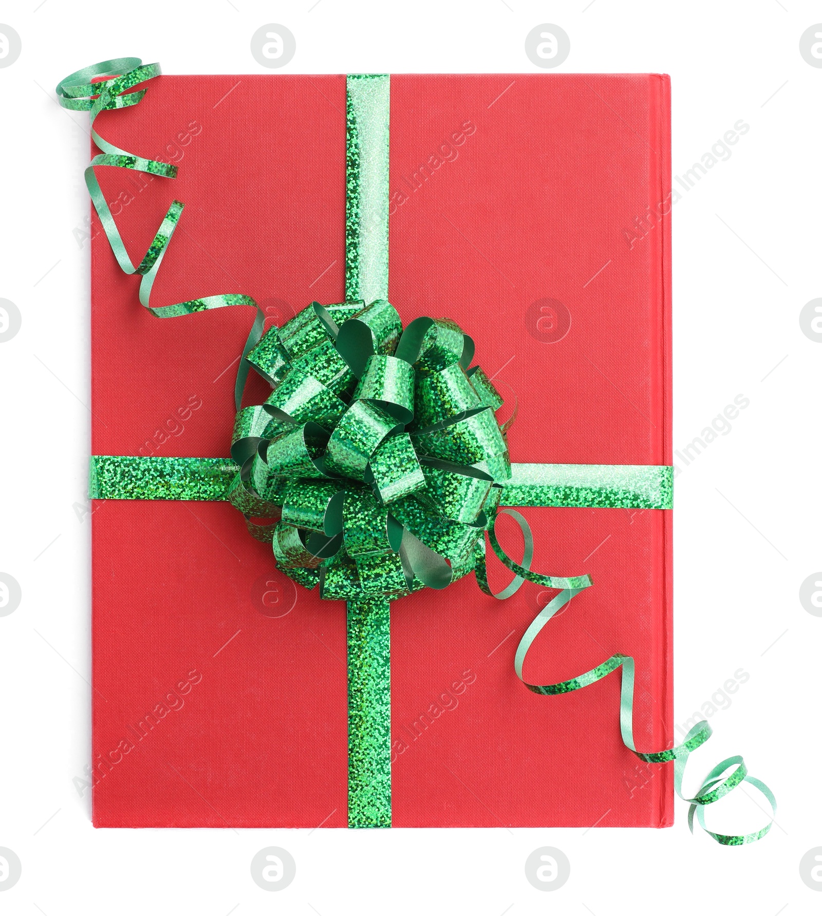 Photo of One book with green bow as gift isolated on white, top view