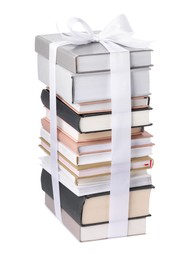 Photo of Stack of books with silk ribbon as gift isolated on white