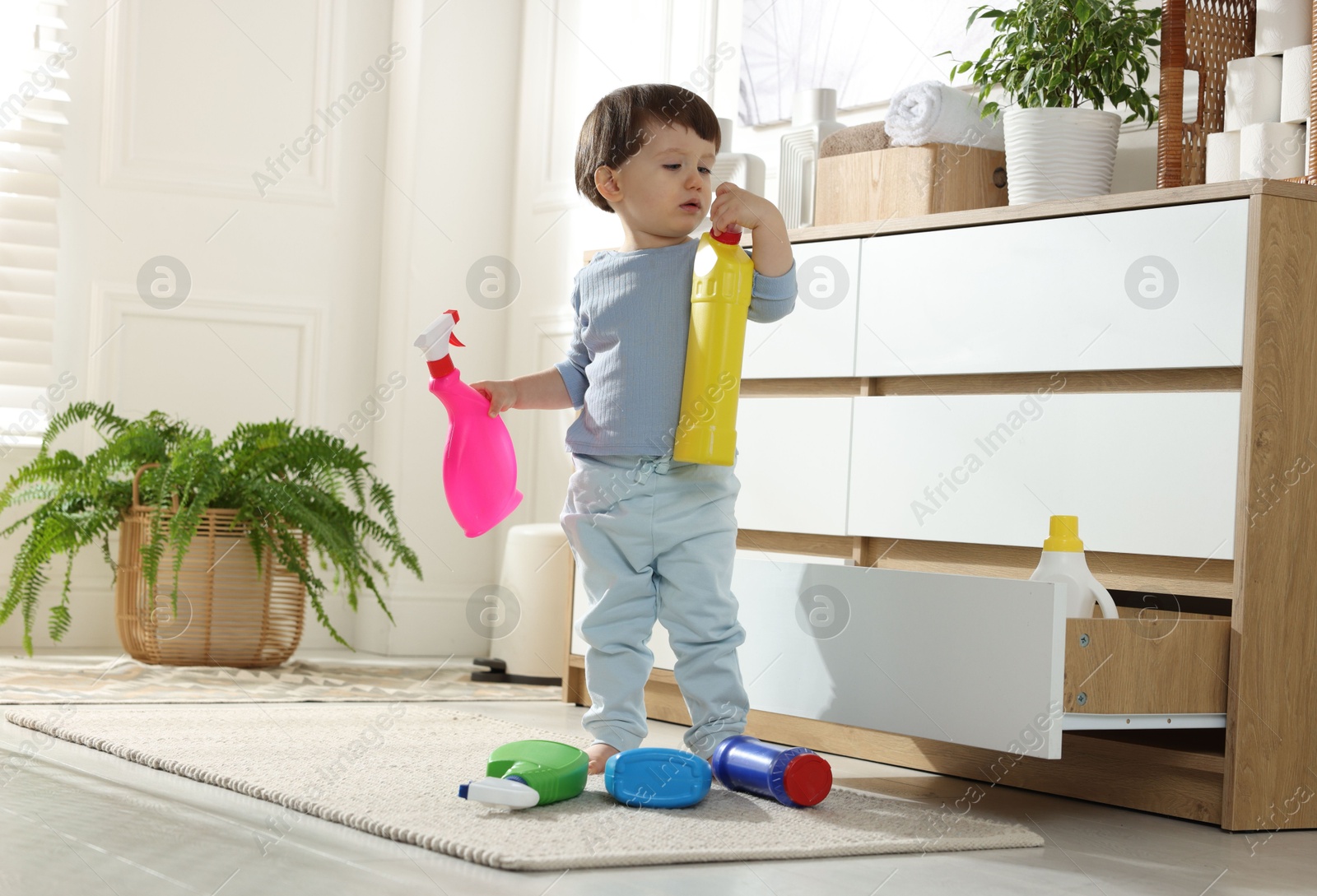 Photo of Little boy playing with bottles of detergents near cabinet at home. Child in danger