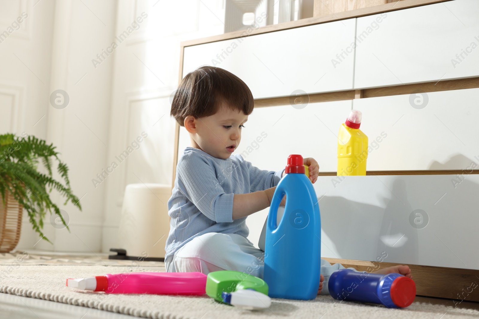 Photo of Little boy playing with bottles of detergents near cabinet at home. Child in danger