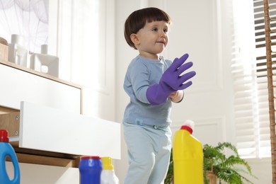 Photo of Little boy playing with glove among bottles of detergents near cabinet at home. Child in danger