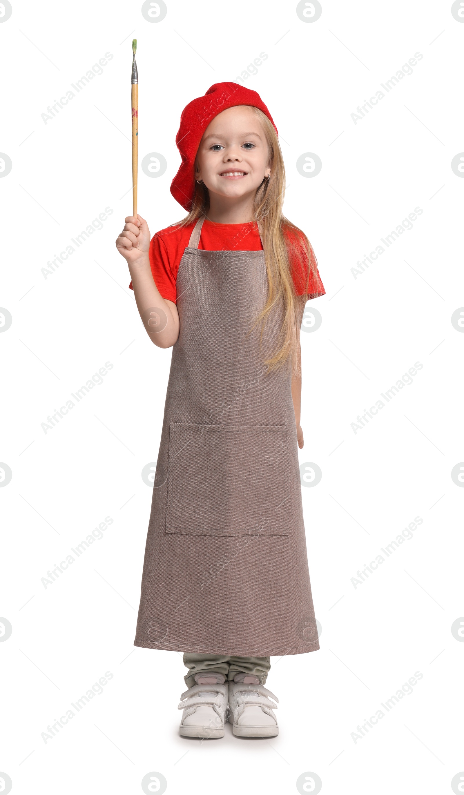 Photo of Little girl with brush pretending to be artist on white background. Dreaming of future profession