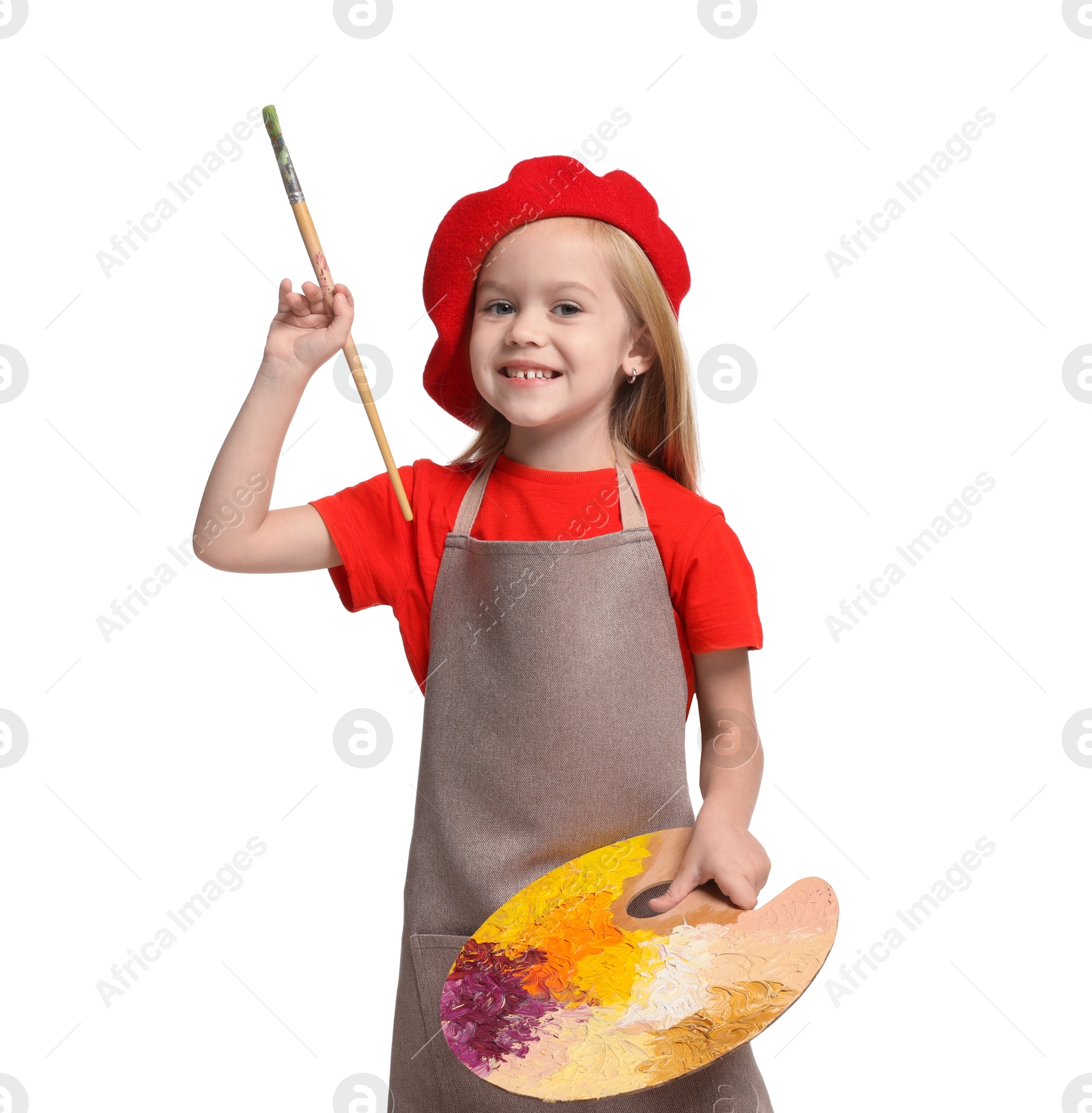 Photo of Little girl with brush and palette pretending to be artist on white background. Dreaming of future profession