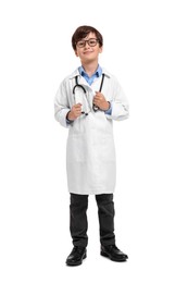 Photo of Boy with stethoscope pretending to be doctor on white background. Dreaming of future profession