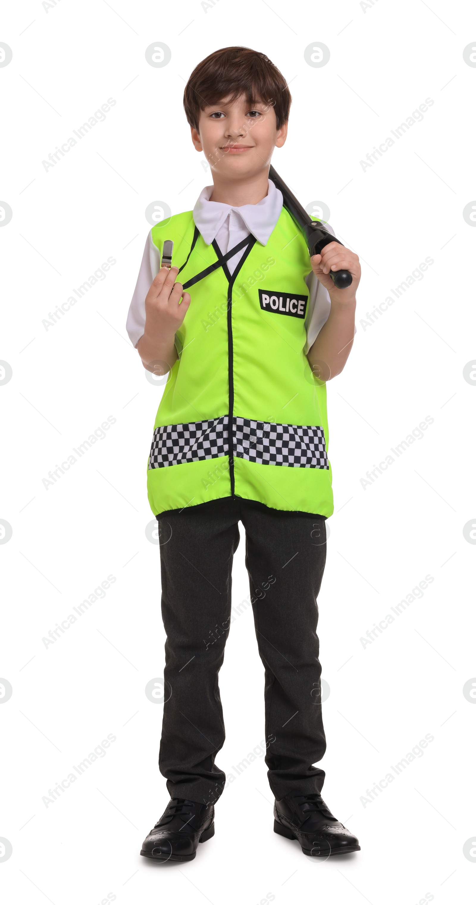 Photo of Boy pretending to be policeman on white background. Dreaming of future profession