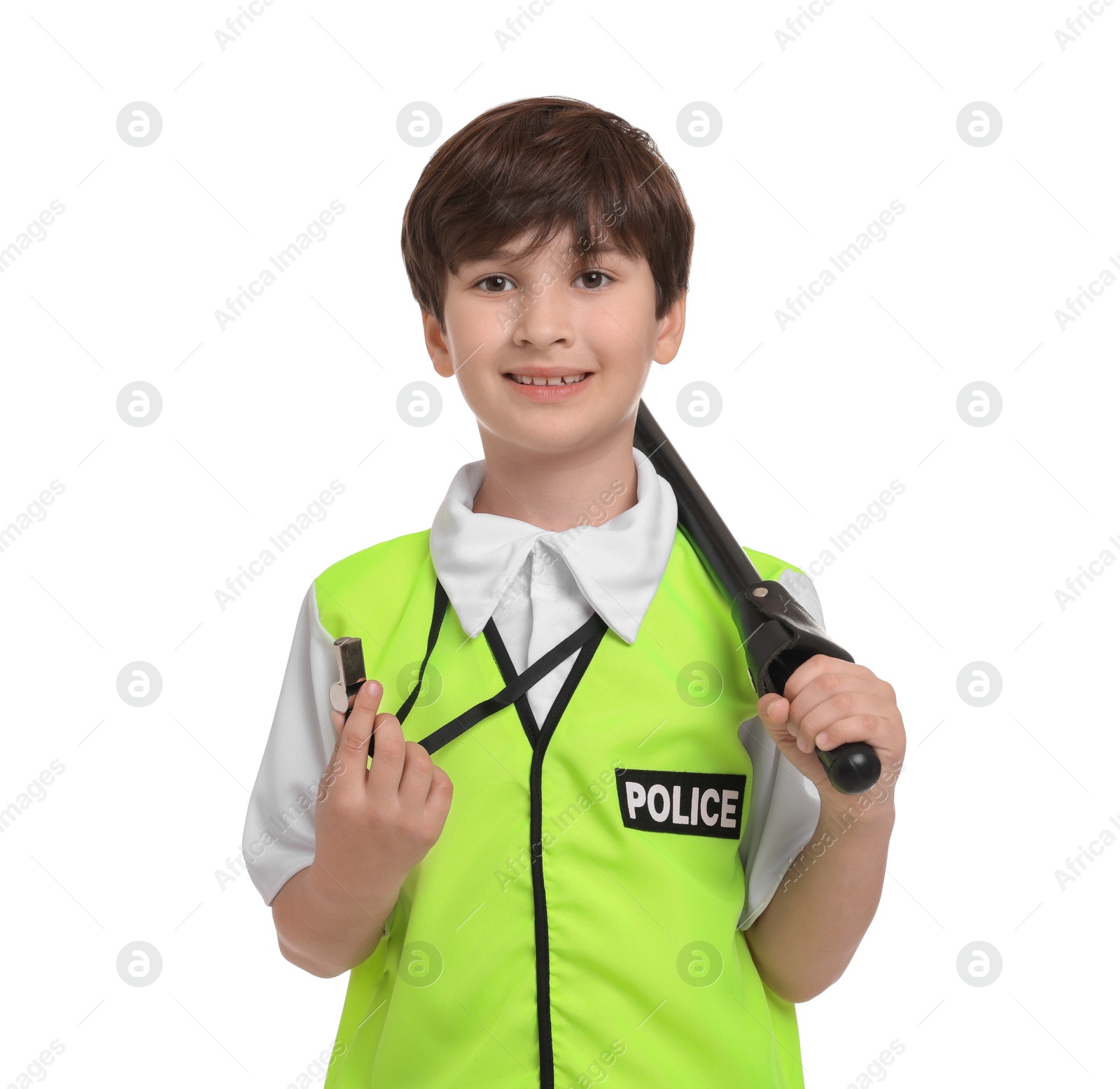 Photo of Boy pretending to be policeman on white background. Dreaming of future profession