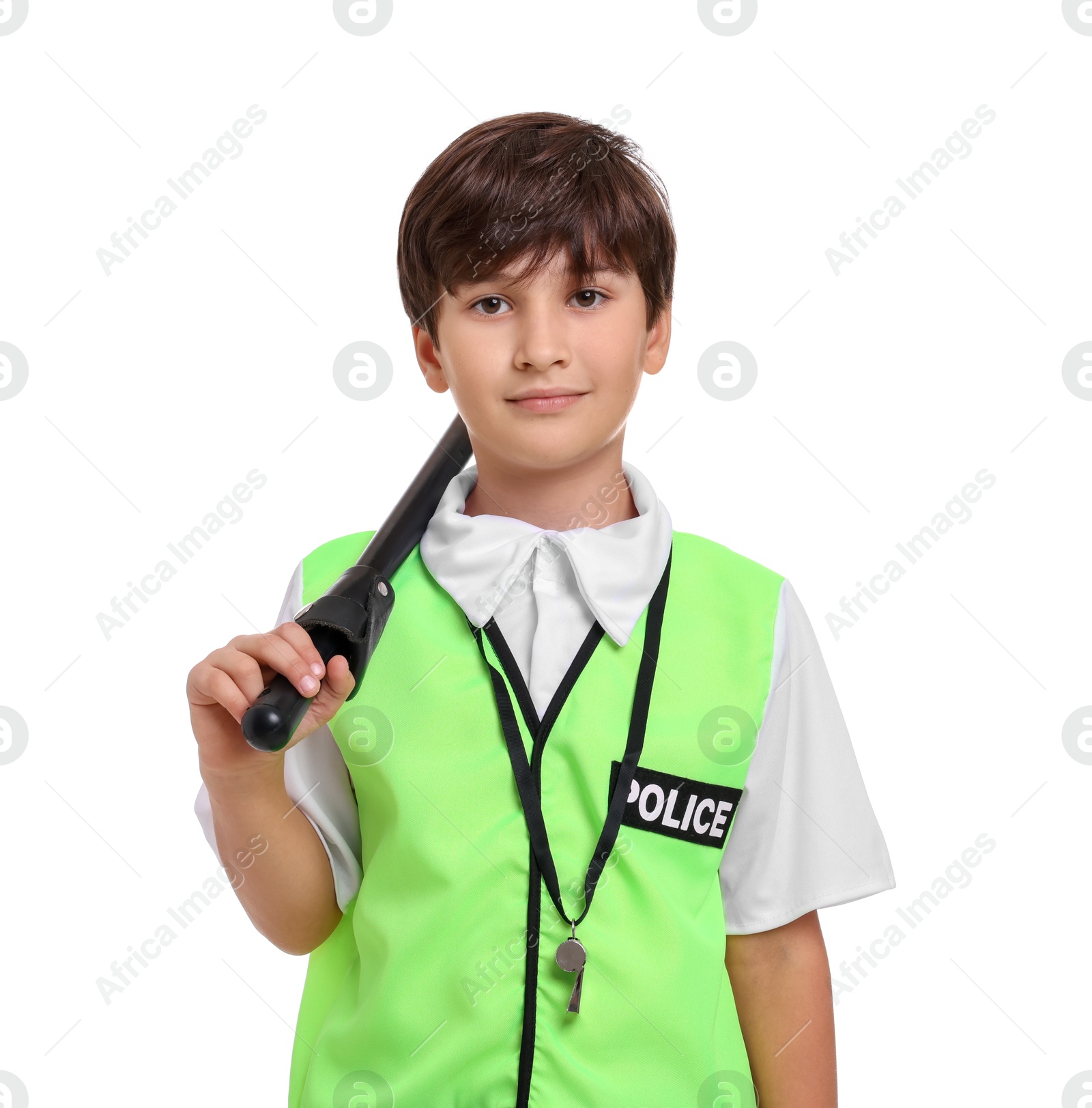 Photo of Boy pretending to be policeman on white background. Dreaming of future profession