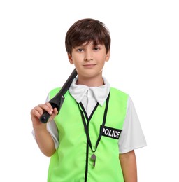 Photo of Boy pretending to be policeman on white background. Dreaming of future profession