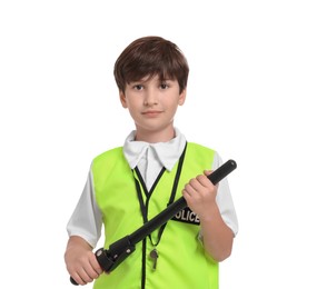 Photo of Boy pretending to be policeman on white background. Dreaming of future profession