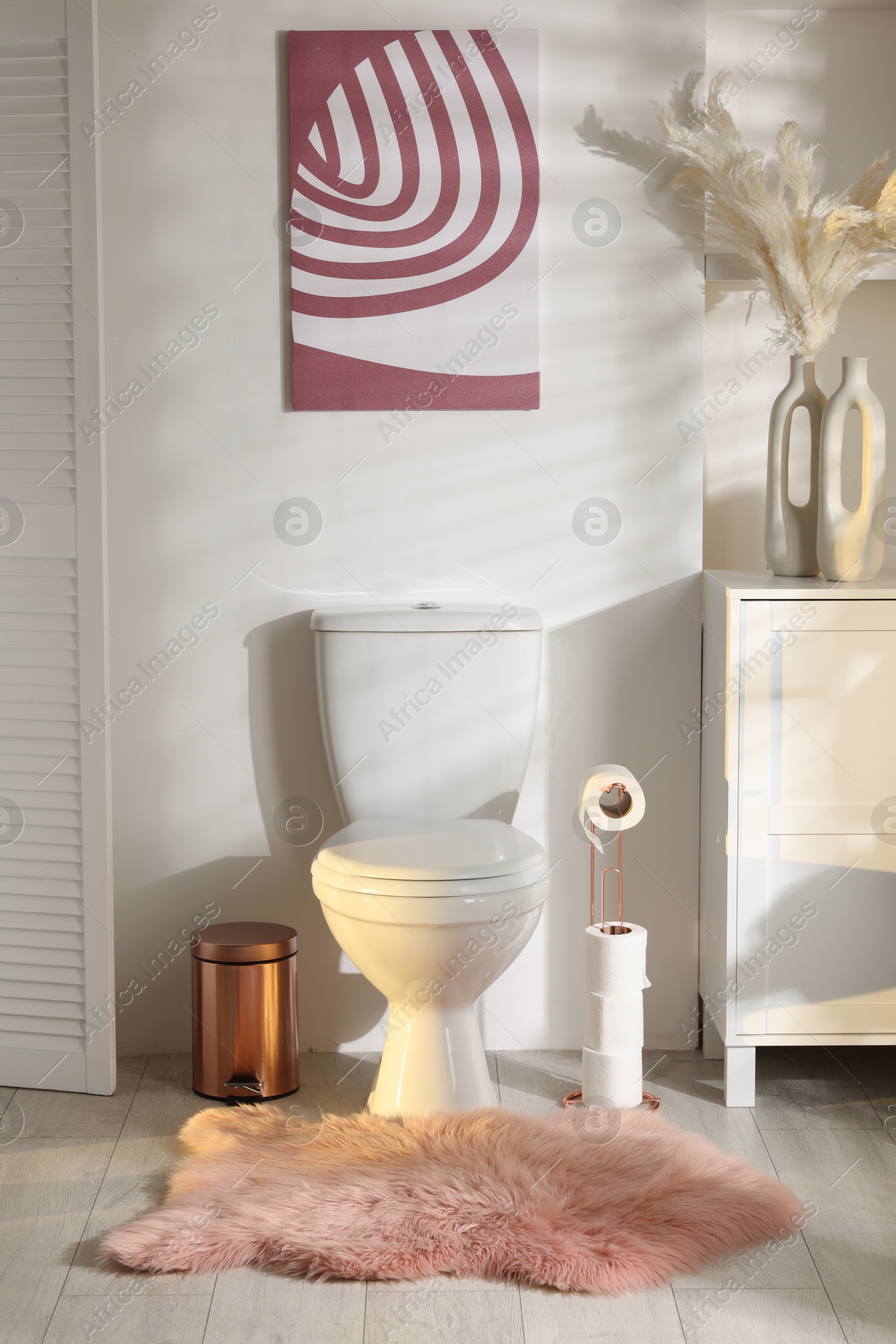 Photo of Ceramic toilet bowl, paper and rug in restroom