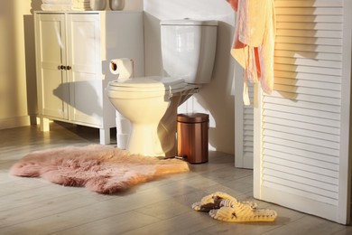 Photo of Ceramic toilet bowl, folding screen and necessities in restroom