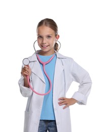 Photo of Girl with stethoscope pretending to be doctor on white background. Dreaming of future profession