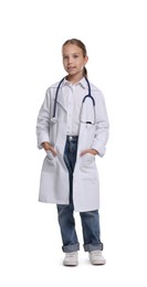 Girl with stethoscope pretending to be doctor on white background. Dreaming of future profession