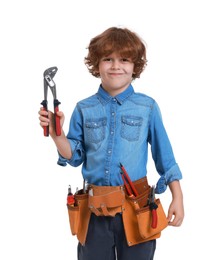 Photo of Little boy with tool belt and adjustable pliers on white background. Dreaming about future profession