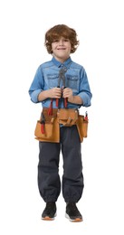 Photo of Little boy with tool belt and adjustable pliers on white background. Dreaming about future profession