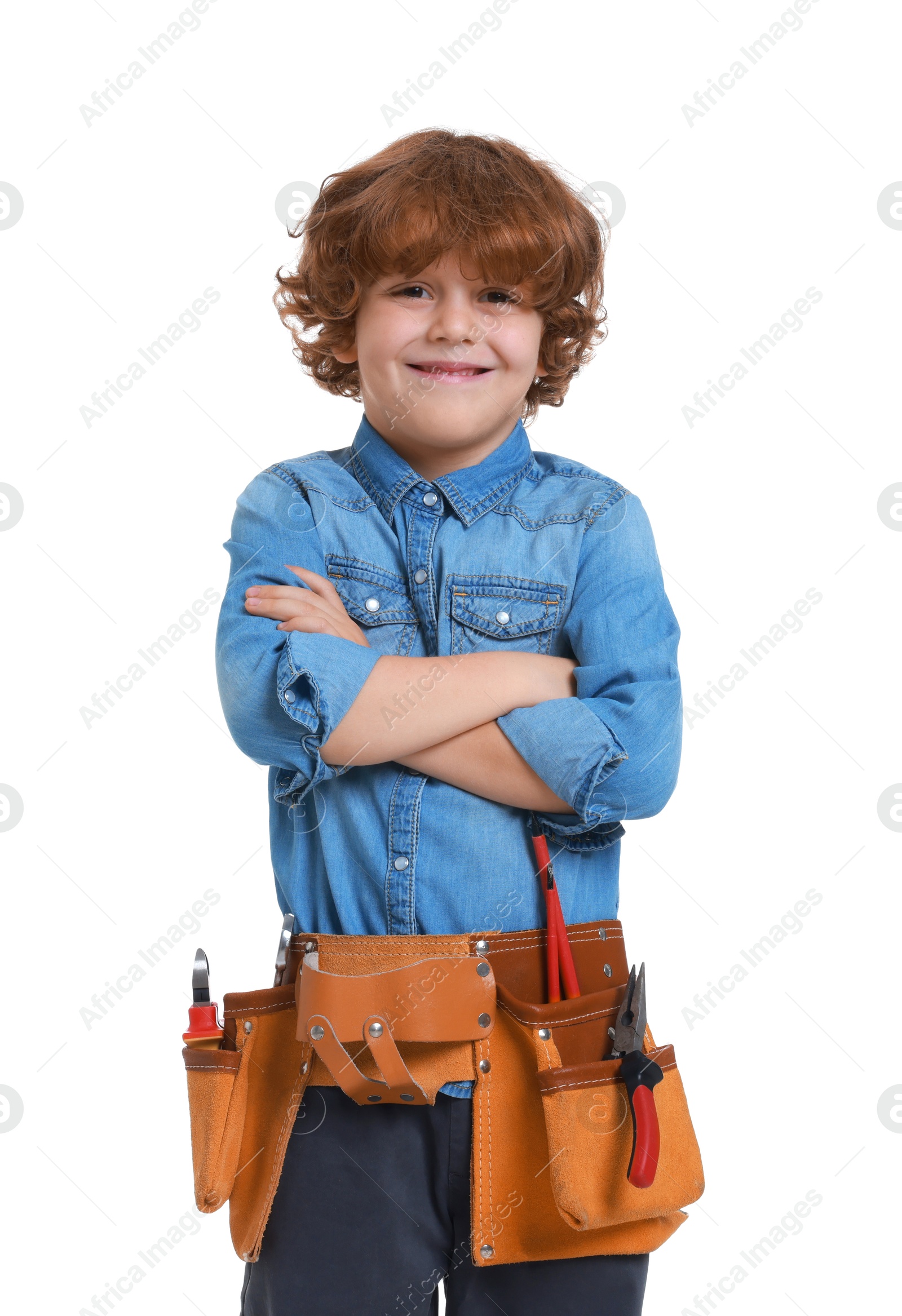 Photo of Little boy with tool belt on white background. Dreaming about future profession