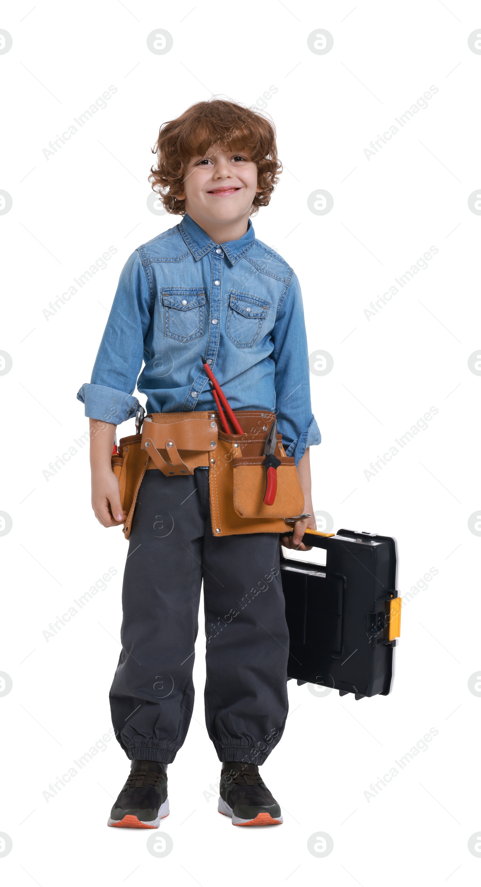 Photo of Little boy with tool box on white background. Dreaming about future profession