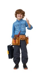 Photo of Little boy with tool box showing thumbs up on white background. Dreaming about future profession