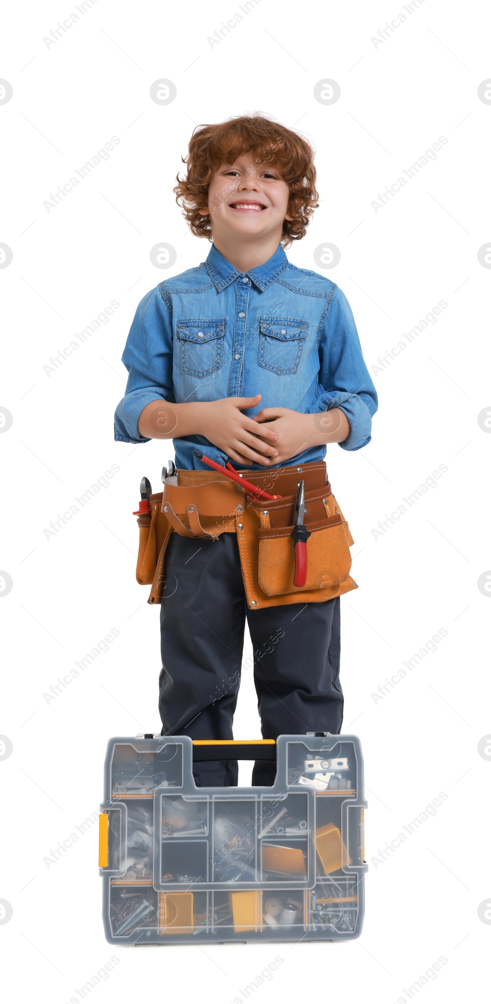 Photo of Little boy with tool box on white background. Dreaming about future profession