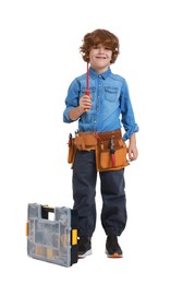 Photo of Little boy with tools on white background. Dreaming about future profession