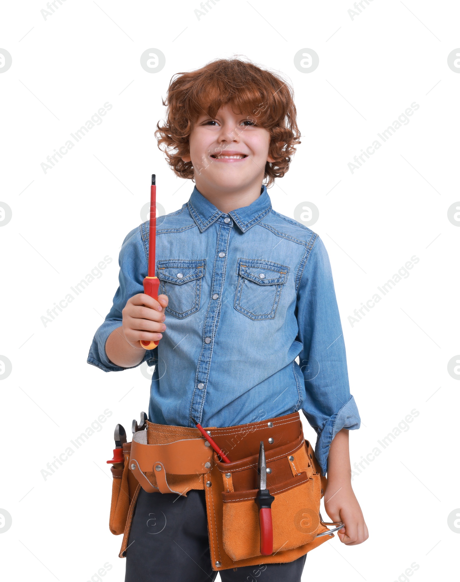 Photo of Little boy with tool belt and screwdriver on white background. Dreaming about future profession