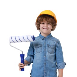 Photo of Little boy in hard hat with roller brush on white background. Dreaming about future profession