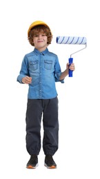 Little boy in hard hat with roller brush on white background. Dreaming about future profession