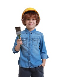 Photo of Little boy in hard hat with paint brush on white background. Dreaming about future profession