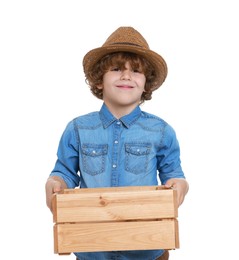 Photo of Little boy with wooden crate pretending to be farmer on white background. Dreaming about future profession